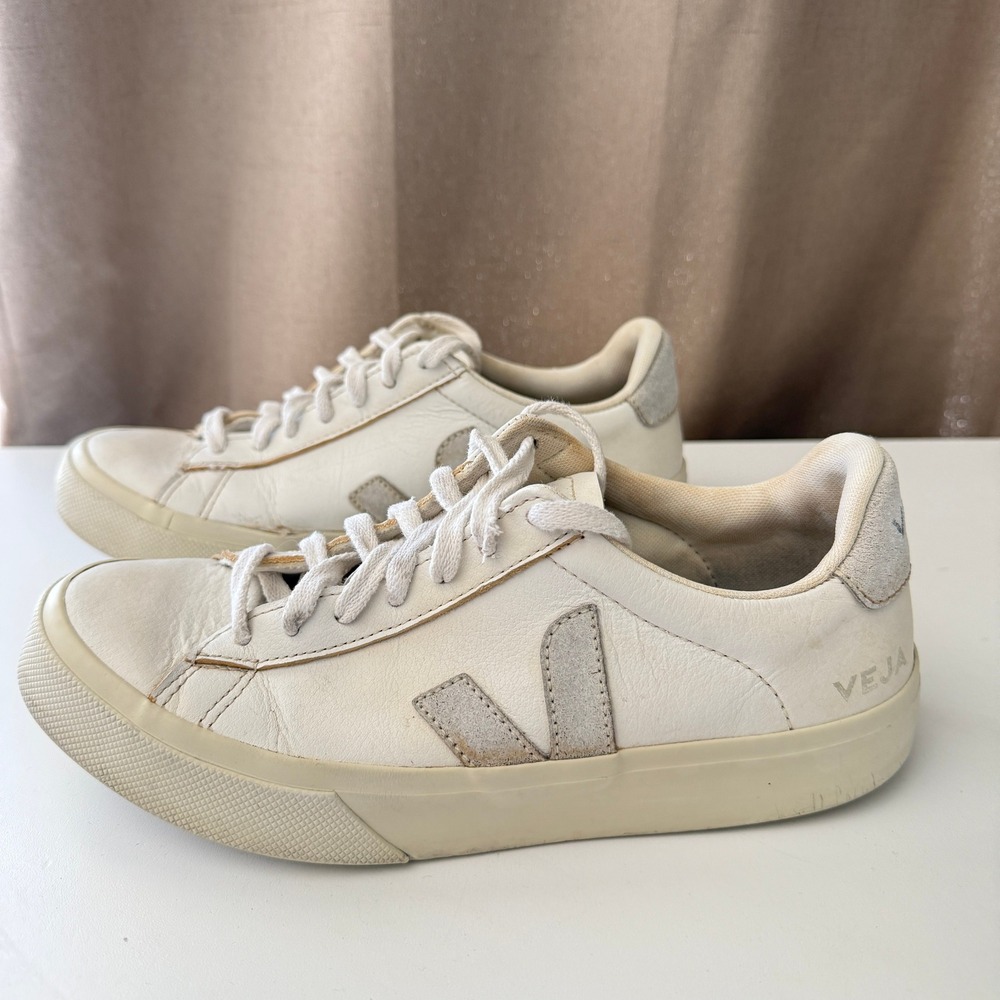 Veja Esplar White Leather Low Top Sneakers Suede Trim Womens